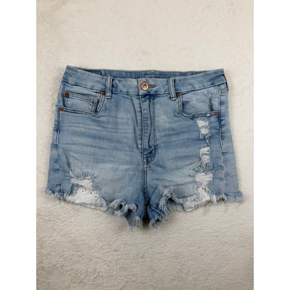 American Eagle Curvy Hi-Rise Shortie Distressed Denim Light Wash Shorts Size 12